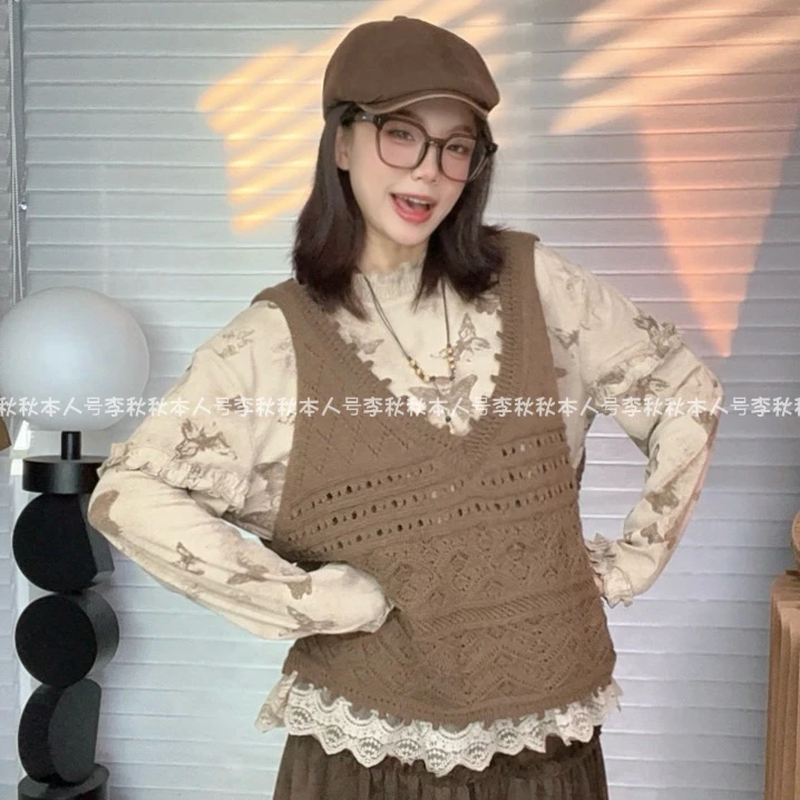 LQQ“古早毛衣”秋冬原创设计款重磅抗起球宽松V领针织镂空百搭马甲
