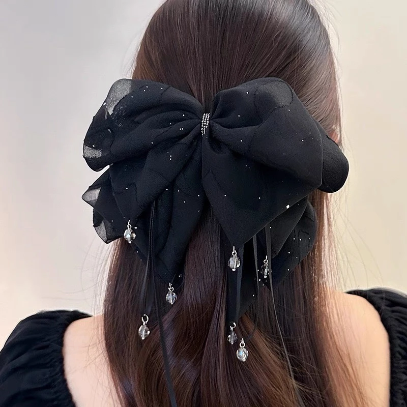 高级感精致细闪吊坠印花蝴蝶结马尾夹116