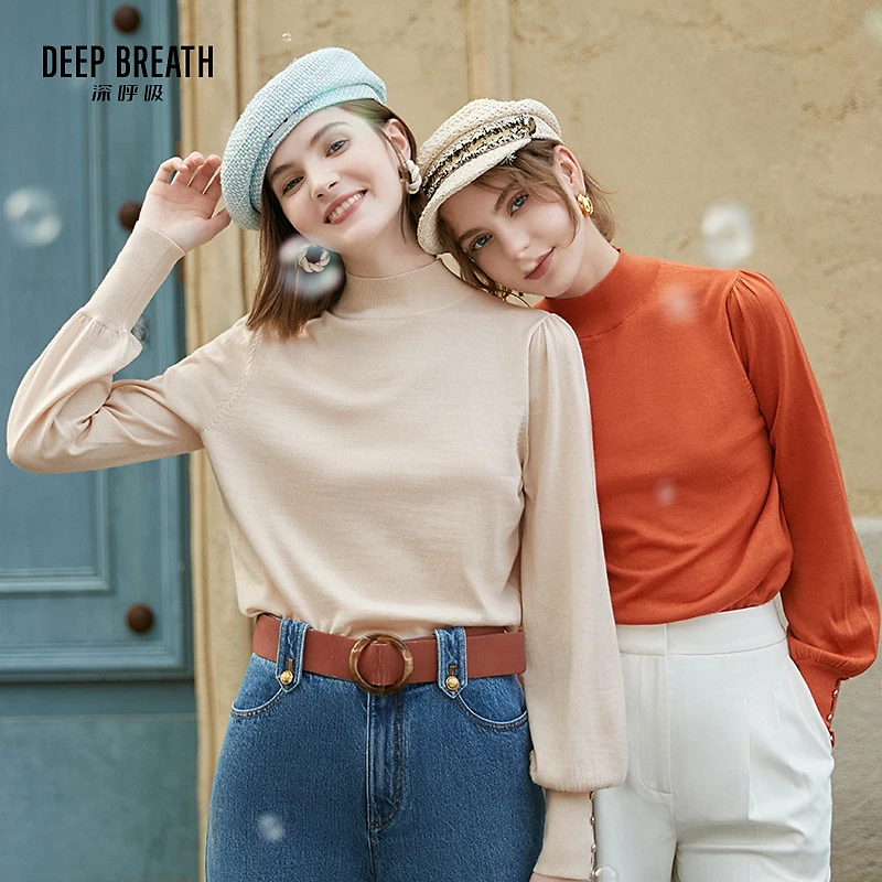 DEEP BREATH深呼吸新款时尚半高领羊毛衫泡泡袖针织衫女A301328