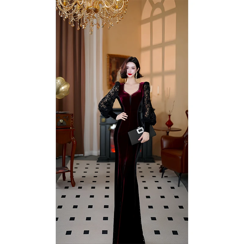 尤克菲儿 原创高定轻奢丝绒拼接蕾丝高腰法式气质优雅连衣裙