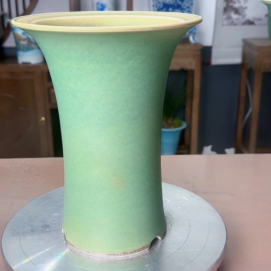 困***兽绿釉哑光窑变陶瓷盆微瑕，拍