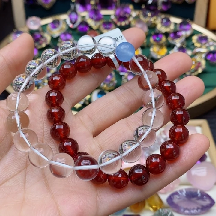 水晶手链未镶嵌遠**葉水晶手串白水卡10石榴石卡8