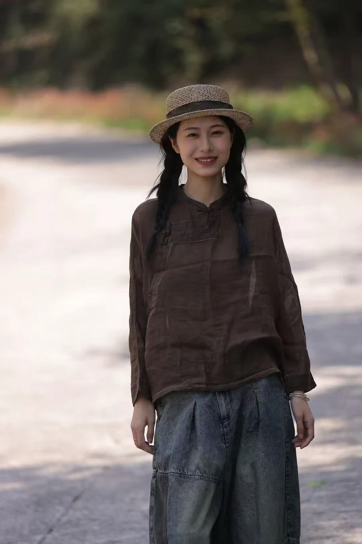 慢慢变蓝  [荼]33639#原创设计复古文艺斜襟盘扣苎麻上衣