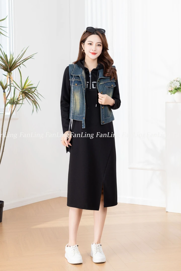 【T4235】字母拉链连帽休闲连衣裙+牛仔马甲外套两件套裙