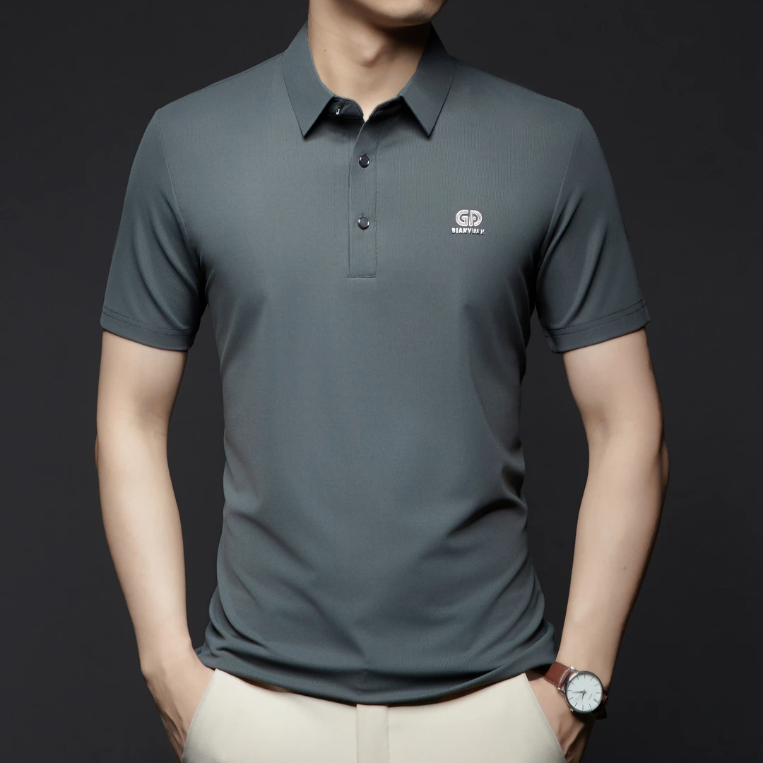 夏季新款中年男士商务休闲短袖T恤冰丝纯色宽松运动POLO衫SLP6607