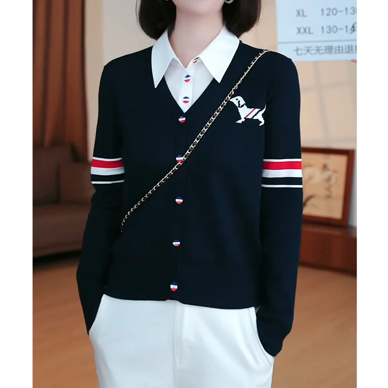 【千韵伊然】直播间同款2025早秋新款撞色假两件长袖针织上衣女8432