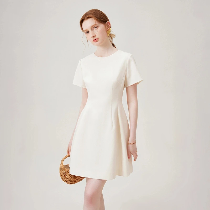 气质通勤短袖收腰连衣裙女短裙夏新款简约修身法式温柔小个子裙子
