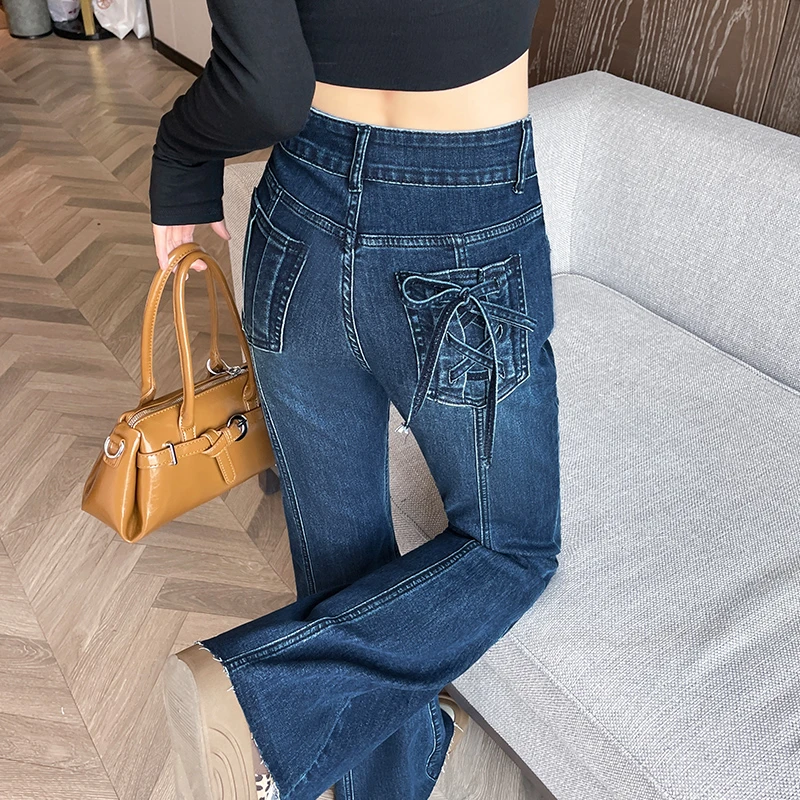 拼接绑绳小众微喇牛仔裤女长裤春秋季新款高腰显瘦小个子喇叭裤子