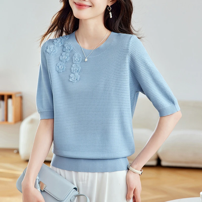 天丝短袖t恤女2025新款妈妈夏装时尚洋气薄款针织衫短款中袖上衣