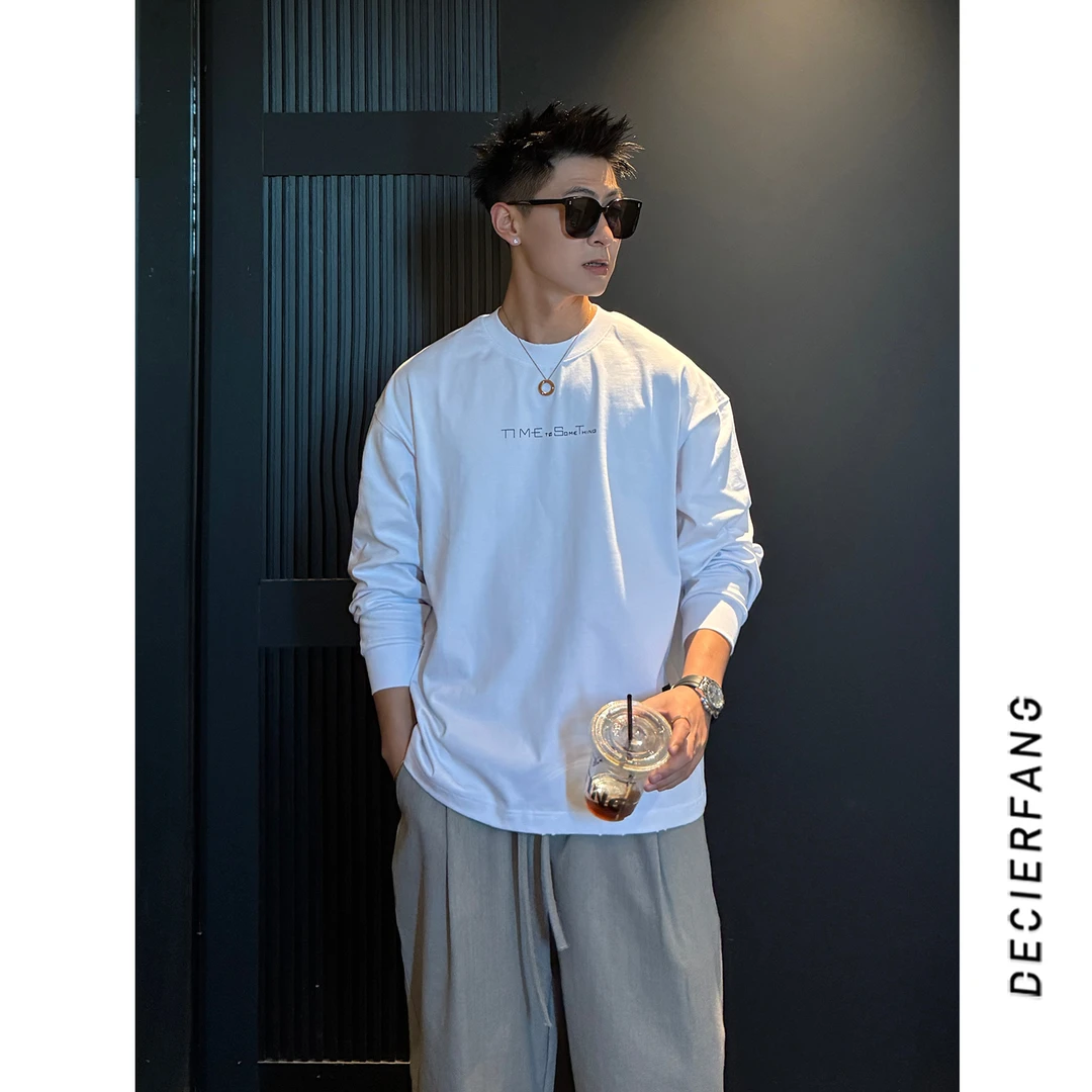 2025早秋美式重磅纯棉字母印花长袖T恤男宽松简约百搭打底衫