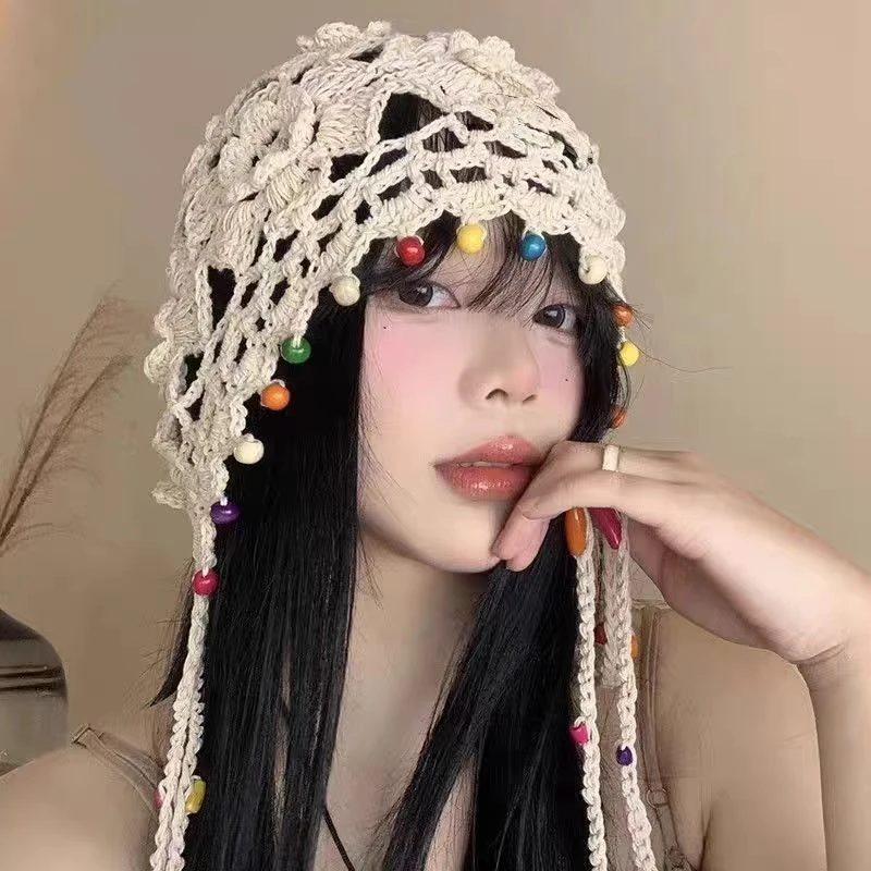 波西米亚风流苏手工编织镂空花朵女包头帽子彩色民族风