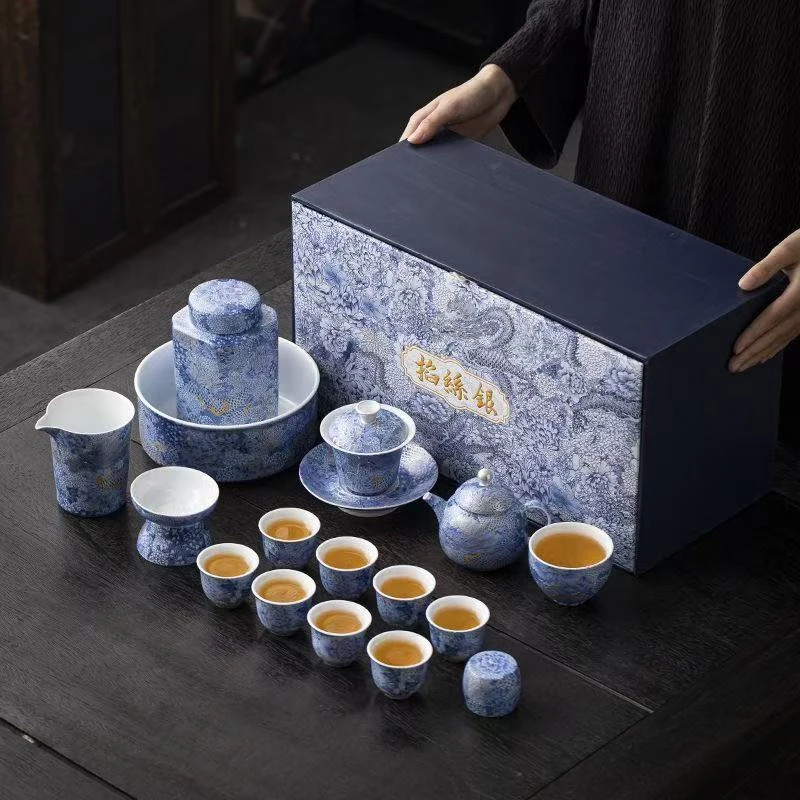 高档青龙掐丝银功夫茶具套装中式高档轻奢陶瓷茶壶礼盒装