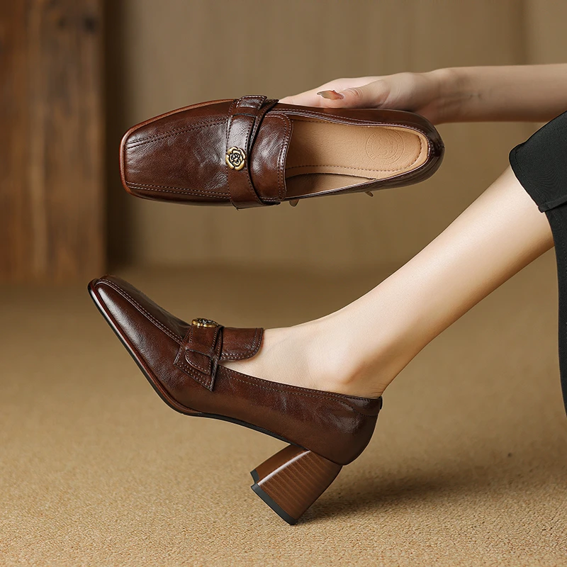 羊皮6厘米 34-40  复古百搭 英伦风方头手抓纹褶皱羊皮 单鞋春秋