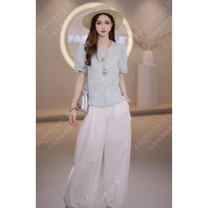 马克华菲女装夏季2025法式设计感织带边短袖气质衬衫减龄休闲上衣