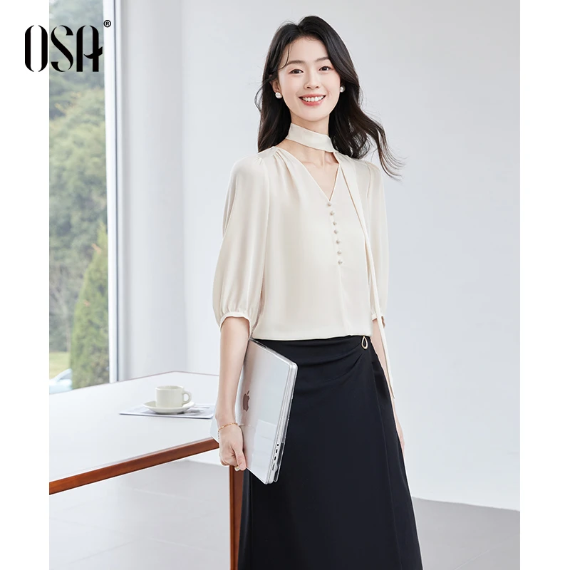 OSA法式V领设计感职场衬衫女气质百搭五分袖上衣S125B17009