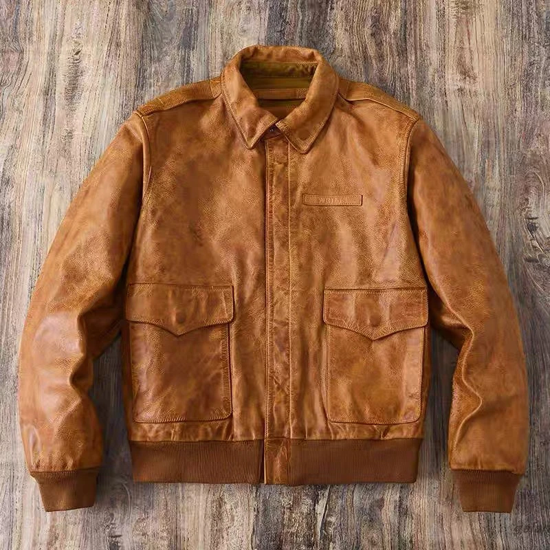 复古做旧大逃亡A2油蜡重水洗皮衣飞行服男头层牛皮真皮皮夹克短款