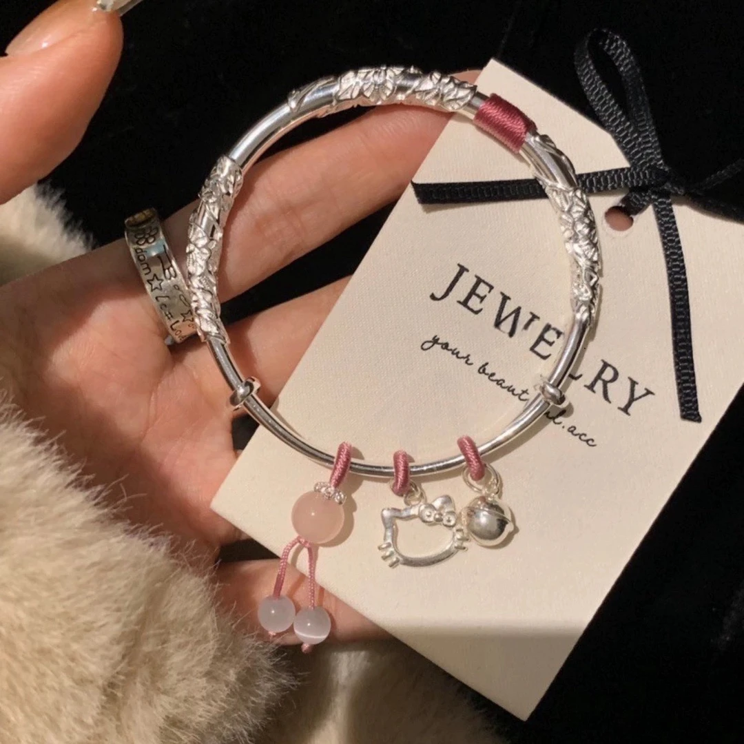 足银手镯 繁花纯银手镯女S999镯子编绳款Kitty猫情人节送女友礼物