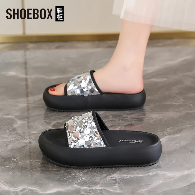 SHOEBOX鞋柜厚底凉拖鞋女夏外穿配裙子2025新款时尚高级感沙滩鞋