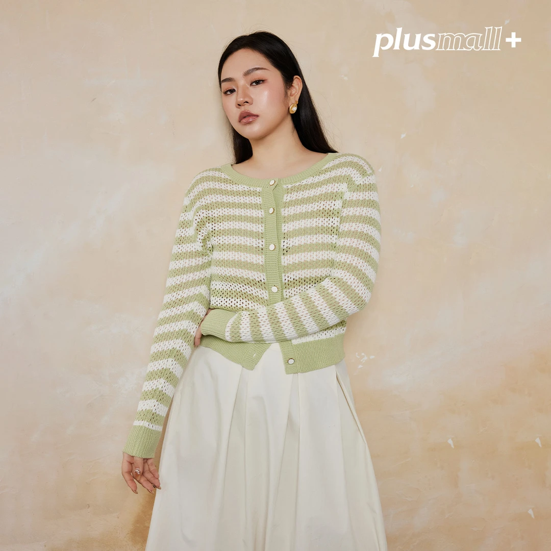 【折扣款】PLUSMALL 芭乐青提 活力撞色条纹毛织开衫PM2501092