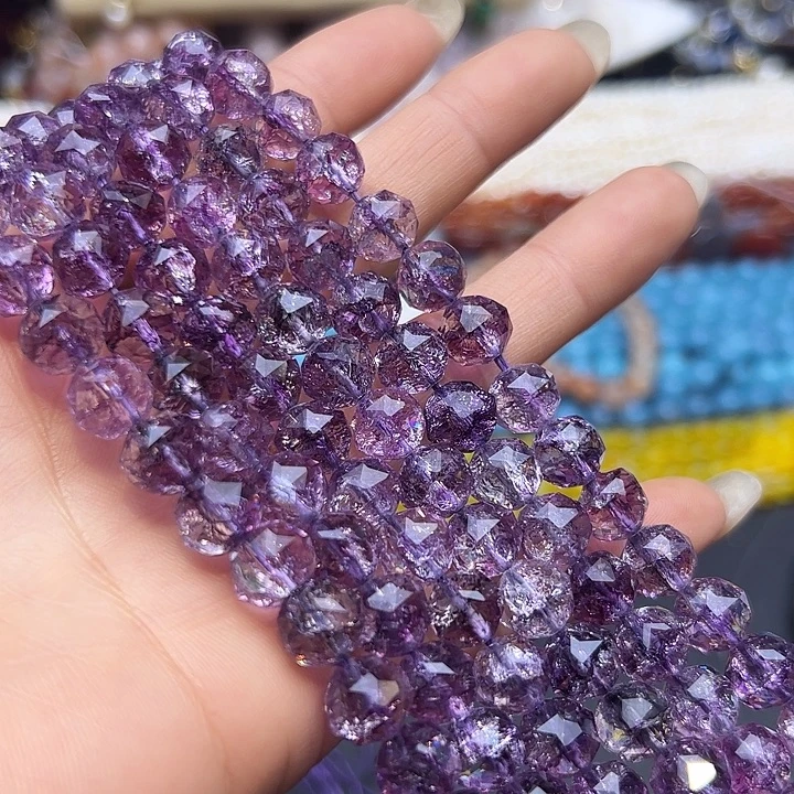 玛瑙/玉髓未镶嵌珠宝半成品T527   9m玫瑰紫阿塞水晶刻面圆珠一条