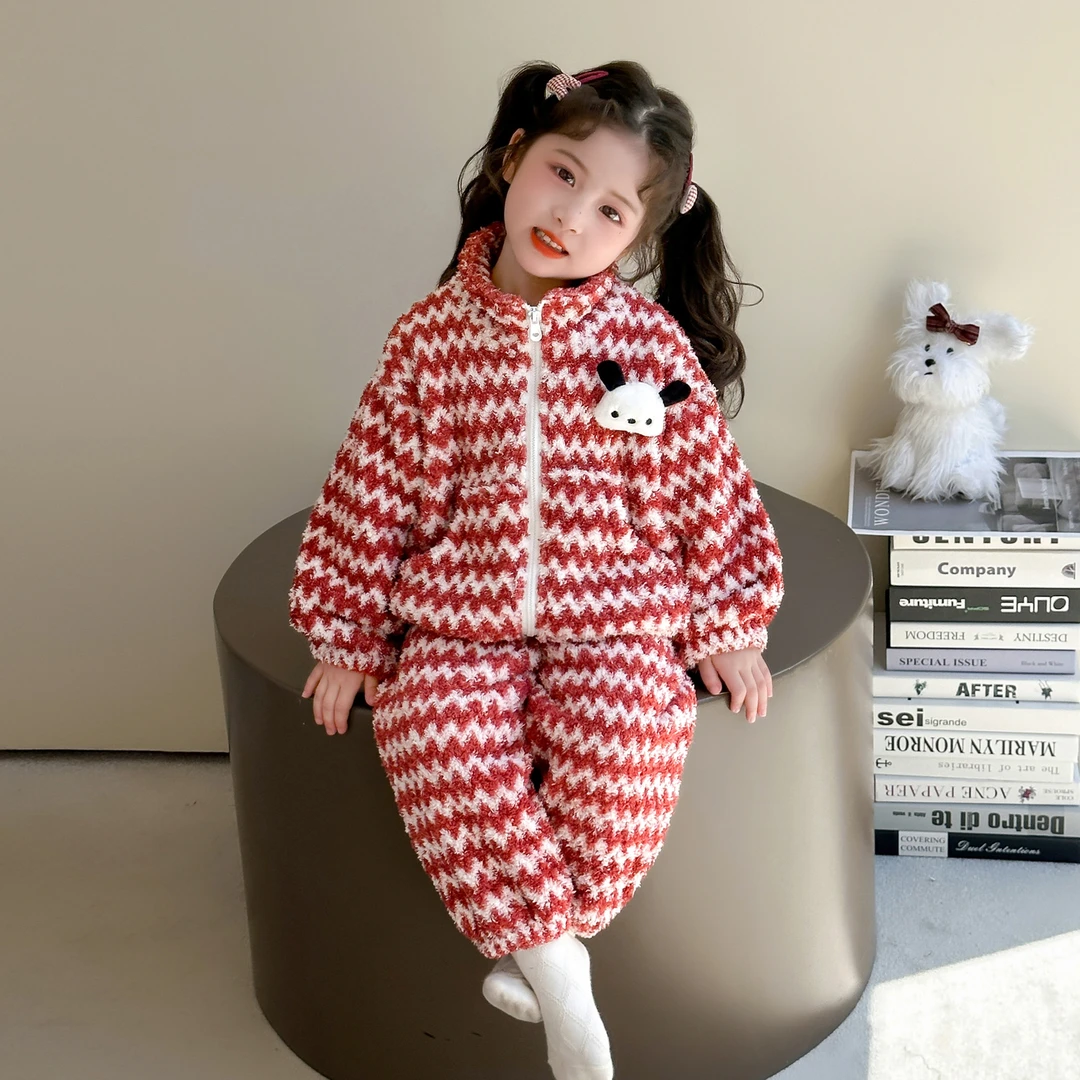 女童睡衣套装2025秋冬珊瑚绒条纹拉链女宝宝法兰绒休闲保暖家居服