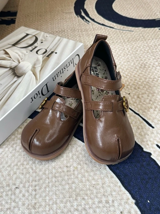 女童侧拉链棕色厚底皮鞋韩版魔术贴英伦风PU复古皮革拼接秋季