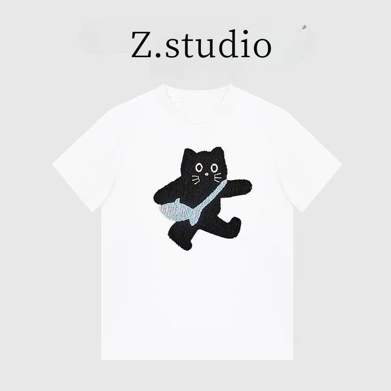 【背包小猫】2025 早春新款百搭 宽松刺绣圆领韩版短袖T恤 白色纯棉