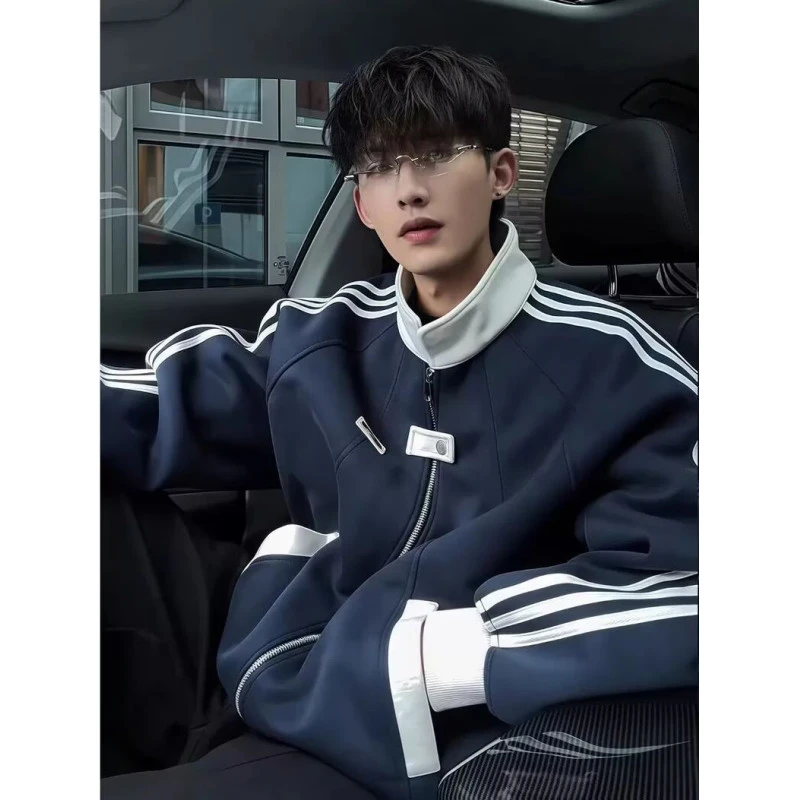 藏青色美式三条杠外套男女款韩系学院风条纹卫衣开衫重磅立领夹克