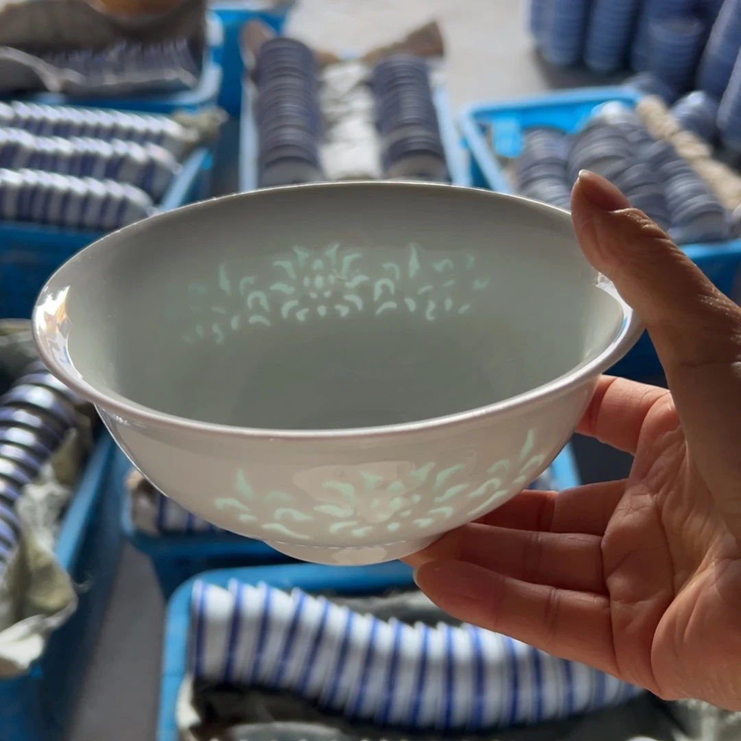 碗隐青釉6寸雕刻牡丹面碗10个