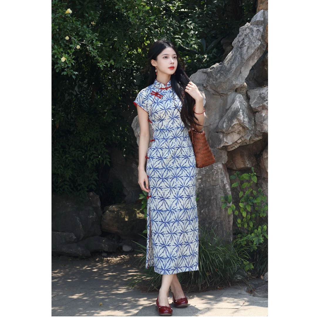 蓝荷蓝色蒲公英印花复古港风优雅气质改良旗袍修身显瘦夏季薄款