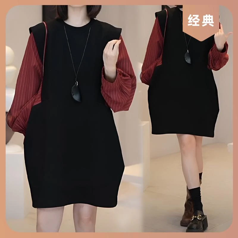假两件拼接长袖连衣裙女2025春秋新款韩系宽松慵懒风小个子中长裙