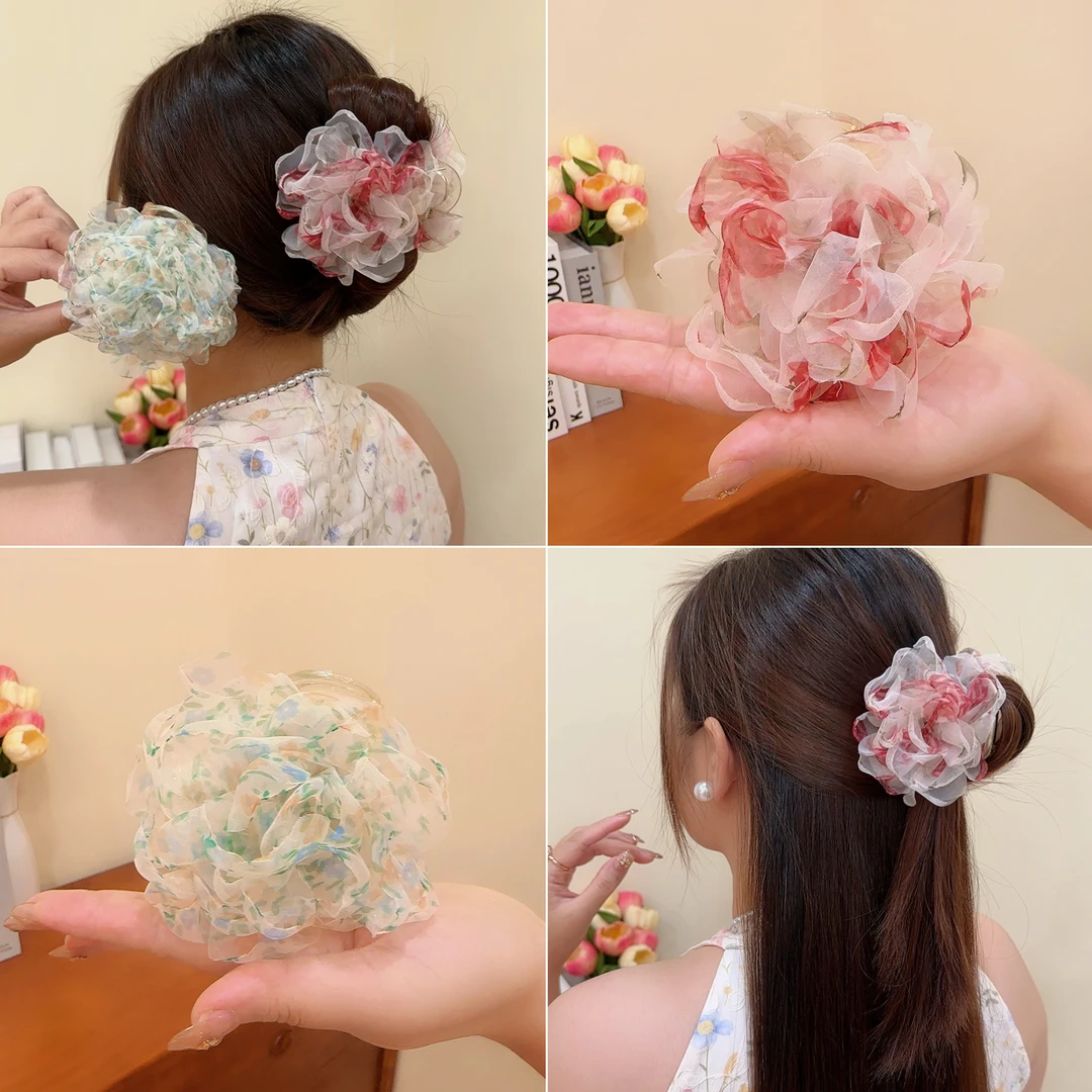 超仙2025气质网纱花朵盘发鲨鱼夹网红花苞头发夹女抓夹发饰发夹