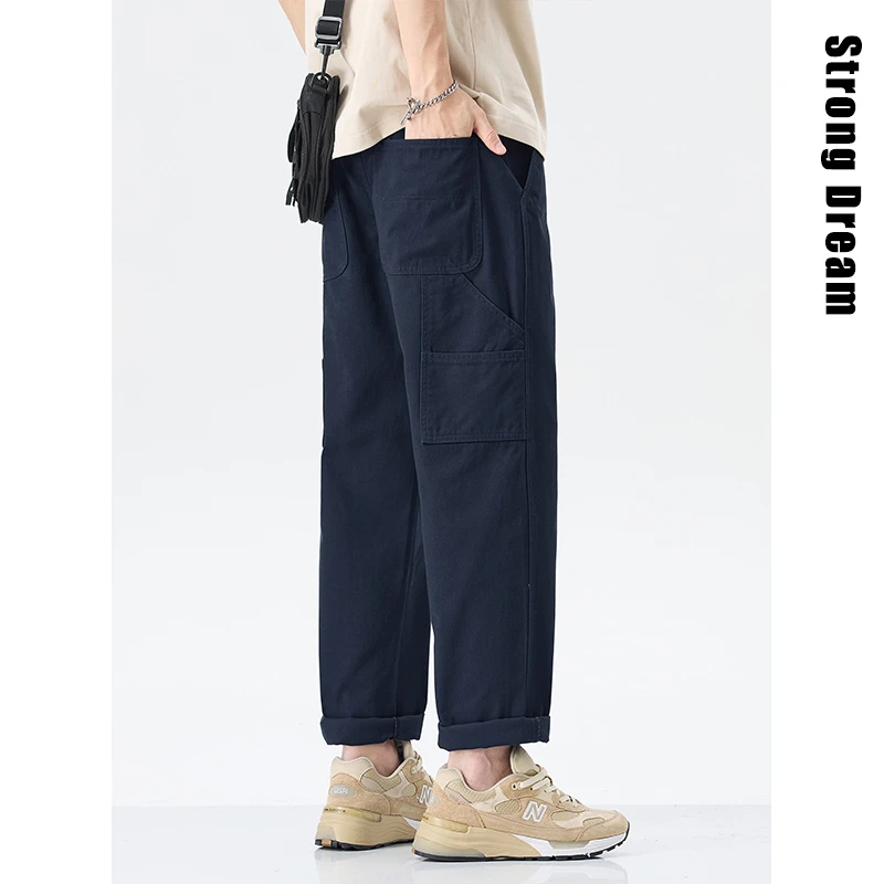 纯棉工装裤男士宽松直筒2025新款美式潮牌拼接抽绳男生休闲长裤子