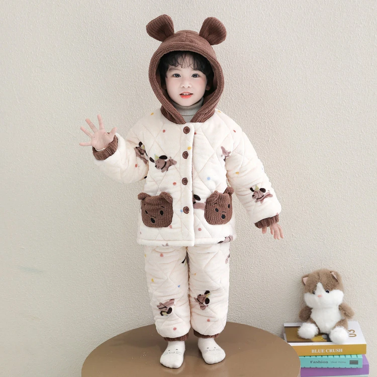 儿童睡衣加绒加厚男童冬款三层夹棉男孩外穿珊瑚绒棉衣宝宝家居服