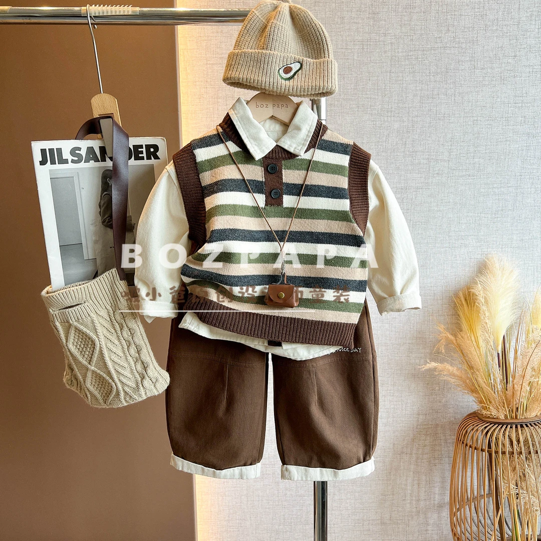啵小爸【摩卡千层】2025秋季男童韩系复古横条纹针织马甲三件套