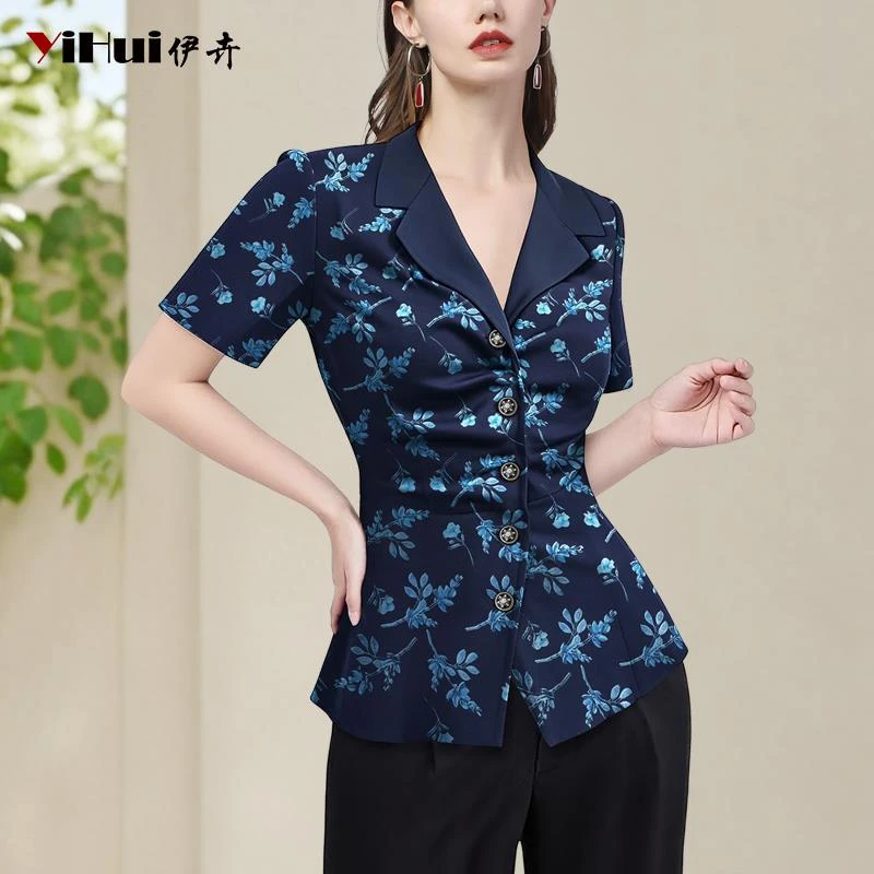 YIHUI伊卉欧货印花衬衫女短袖上衣西装领修身碎花衬衣SD256106