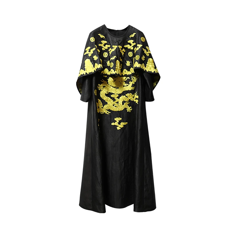 娑尔五色龙刺绣连衣裙00089红-00087绿-00086金-00088蓝-00090咖