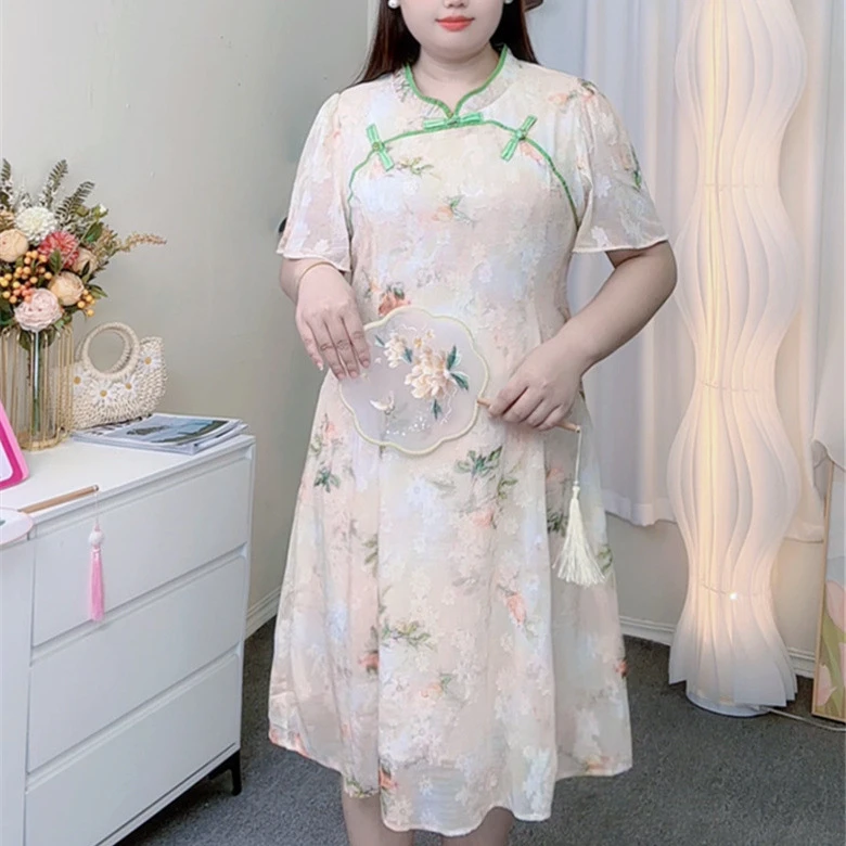 1285款大码女装胖mm高级感气质绑带收腰V领短袖连衣裙夏季新款