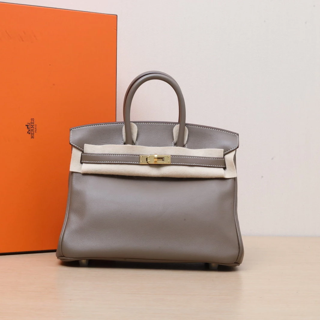 99新 Hermes/爱马仕 小花6欢 Birkin 25 大象灰 Sw皮 Z刻 金扣包