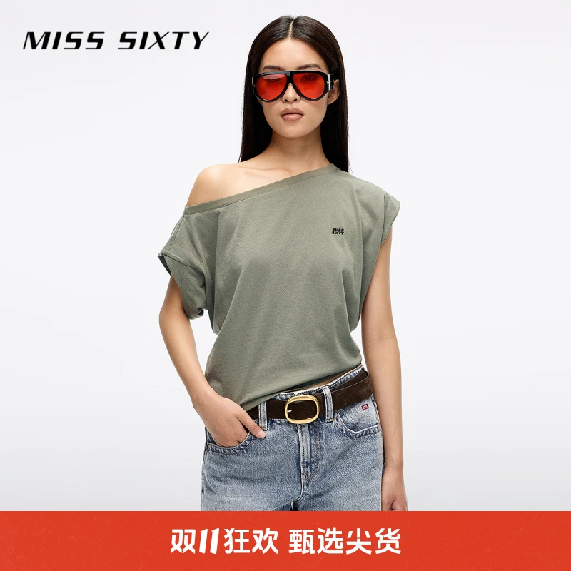 Miss Sixty2025秋季新款短袖T恤女不规则领字母刺绣宽松短款上衣