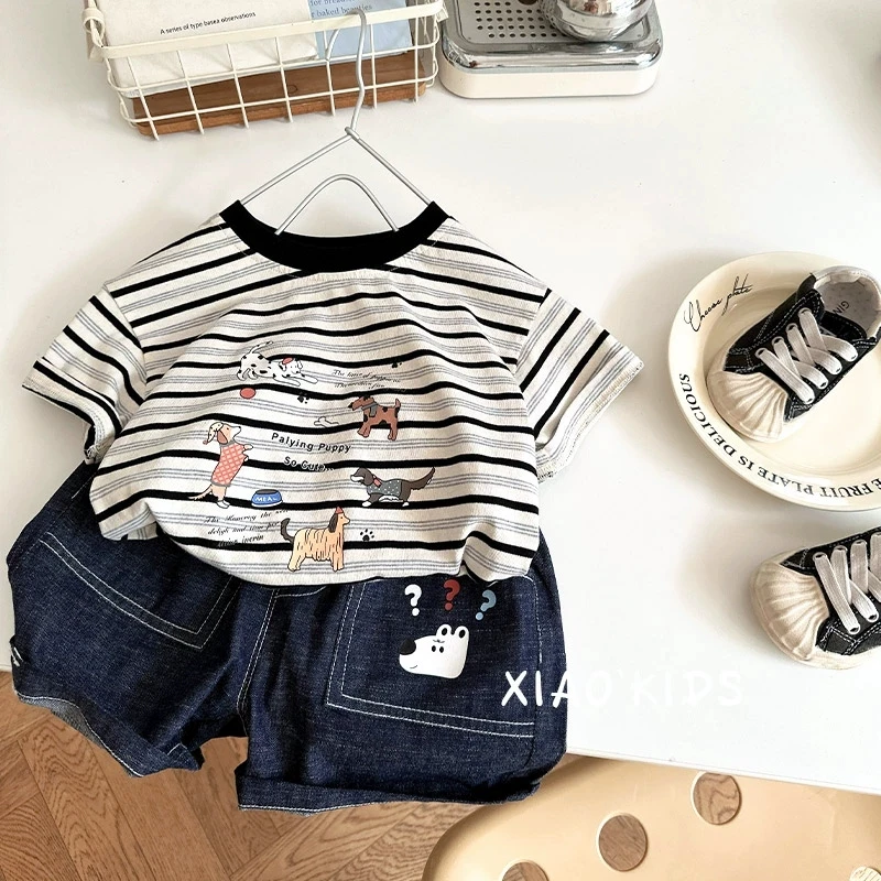 条纹控~儿童夏季圆领黑白条纹小狗印花短袖T恤男女童半袖纯棉上衣
