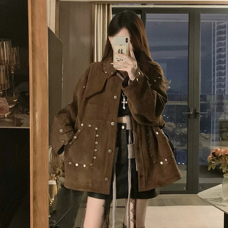 美拉德复古重磅铆钉麂皮绒外套女秋冬2025新款美式工装夹克上衣潮