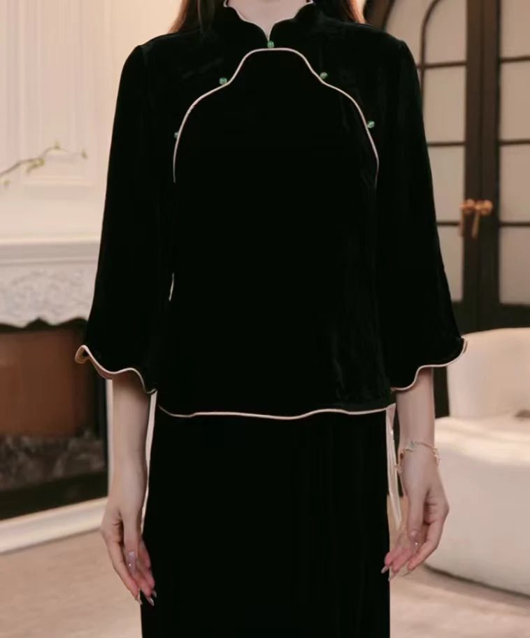 LILIXUE【日绮】新中式2025秋季新款100桑蚕丝轻奢黑色上衣百搭