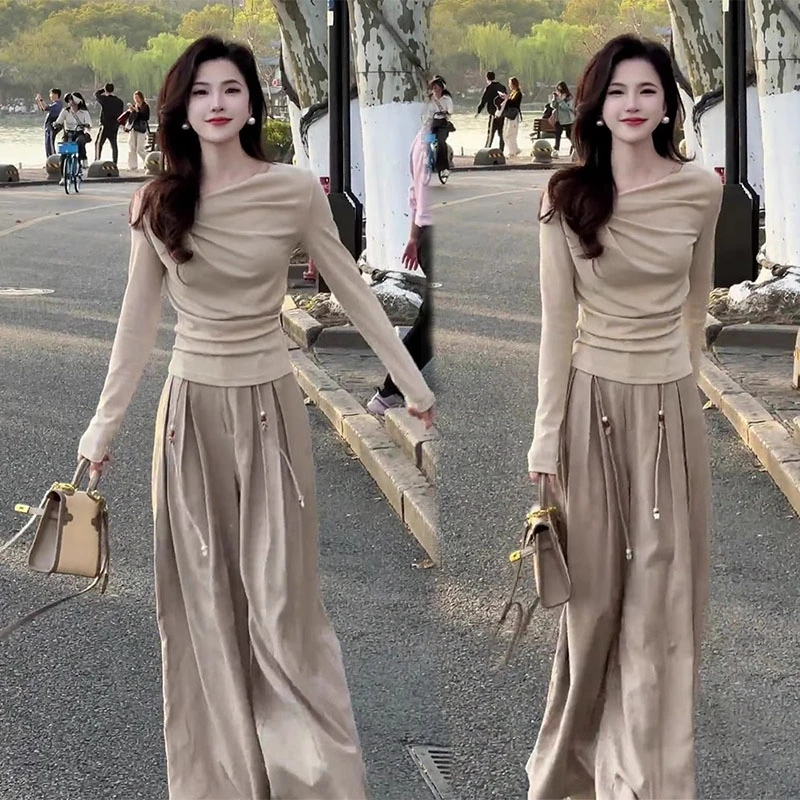 春季气质穿搭一整套高级感时尚斜领长袖上衣高腰阔腿裤轻熟风套装