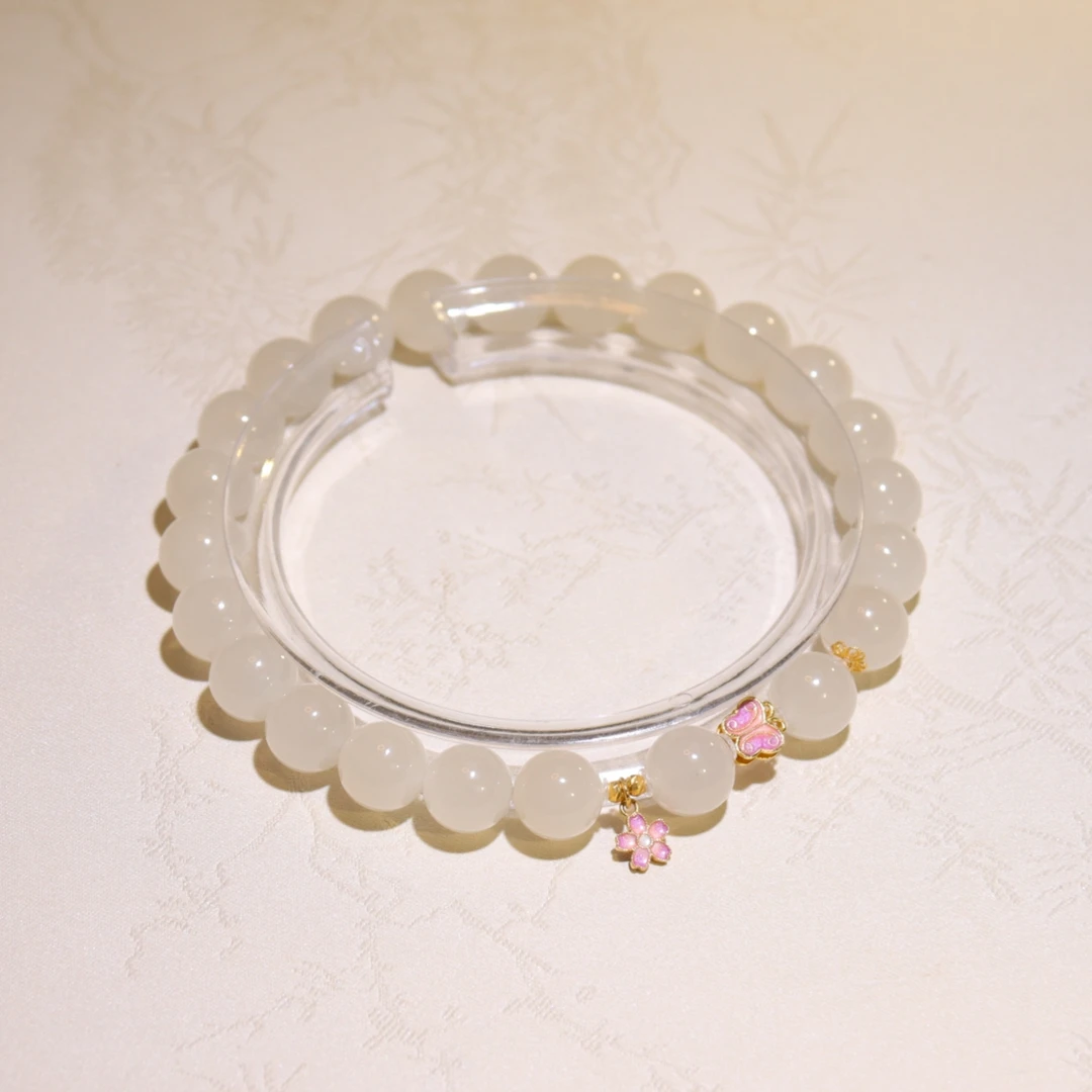 <花蝶意>8mm青海藕粉和田玉手串18K金