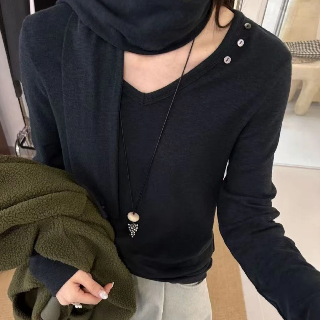 〔ONE锁骨V领T〕欧货简约纯色V领磨毛长袖打底