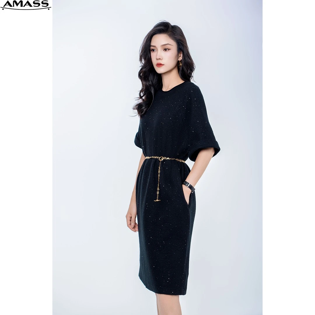 AMASS/阿玛施满天星绵羊毛显瘦慵懒风短袖连衣裙黑色t恤裙5500520