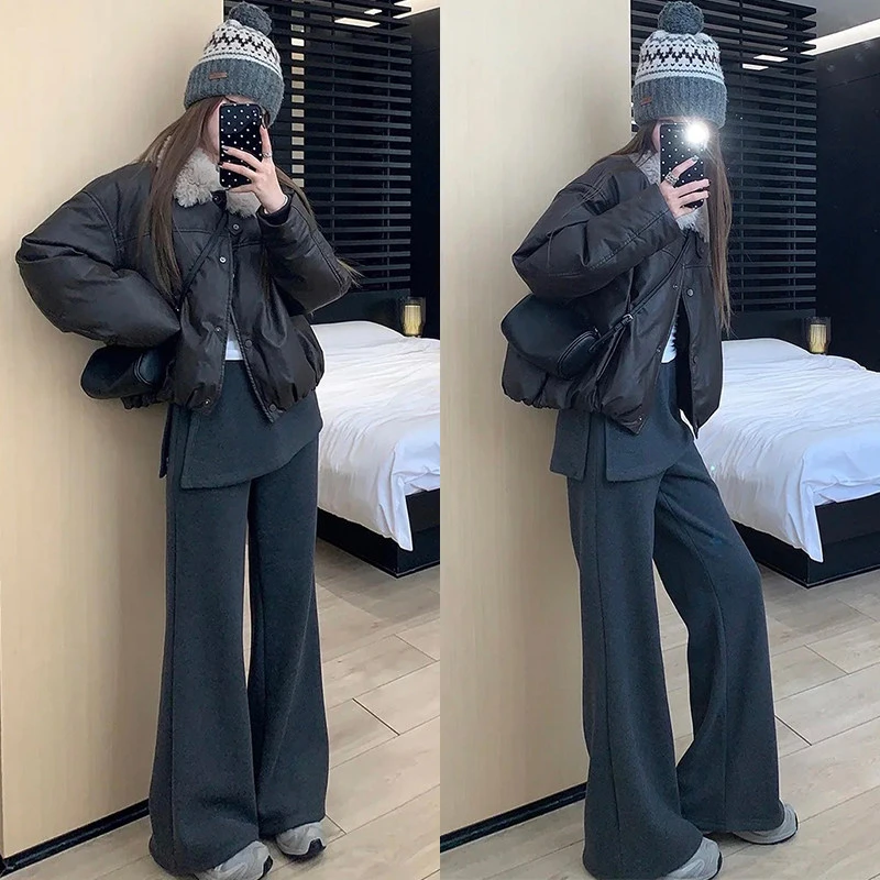 喇叭长裤小个子高腰灰色假两件屁帘微喇裤女秋冬季加绒显瘦休闲裤
