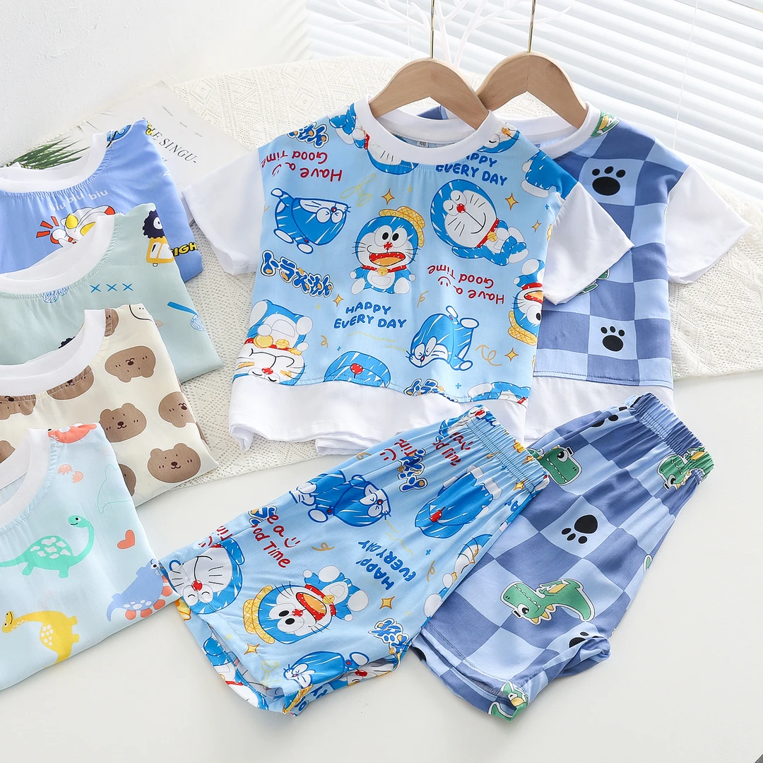 柔软~~男女童运动款棉绸拼接薄款夏装儿童短袖短裤人造棉宝宝套装