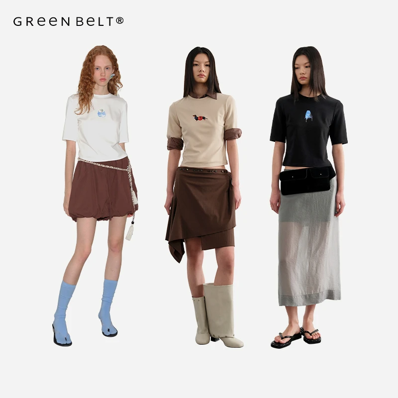 GREEN BELT城市旷野25夏小众印花修身T恤女简约圆领透气五分短袖